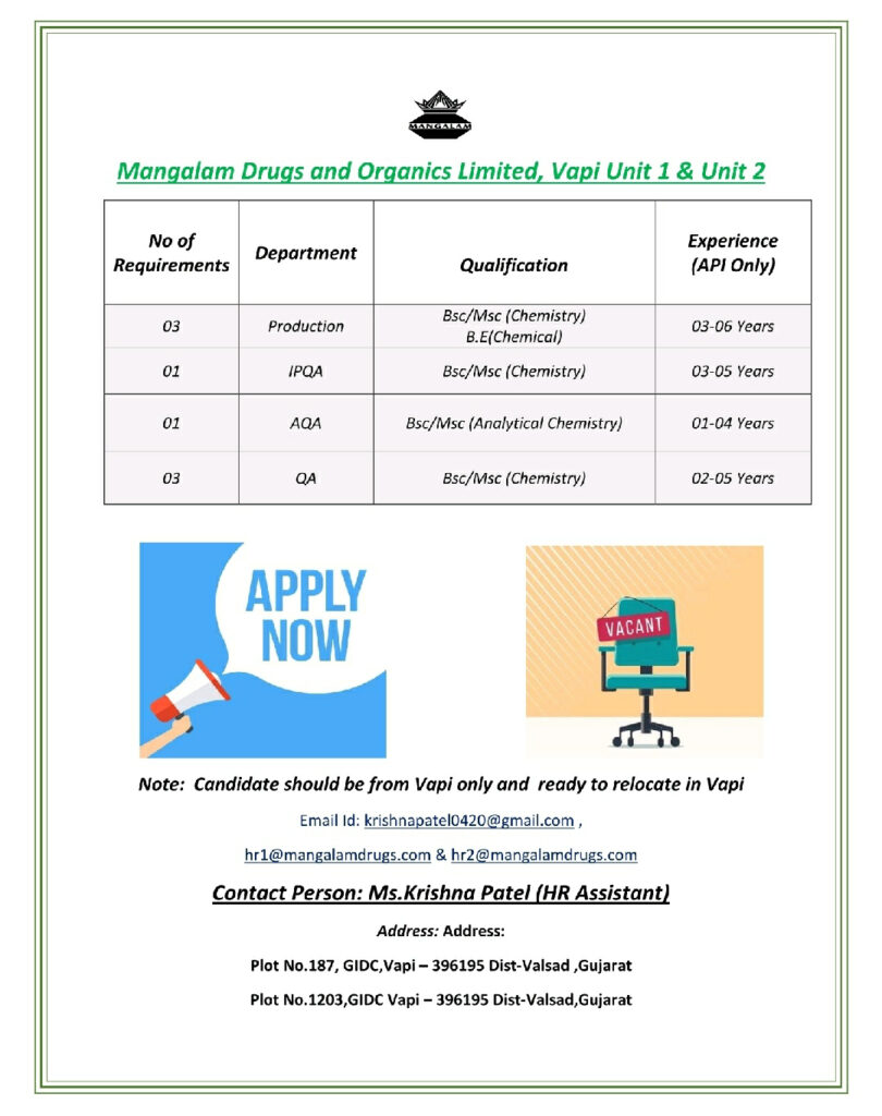 Mangalam Drugs and Organics Limited Jobs-2021,