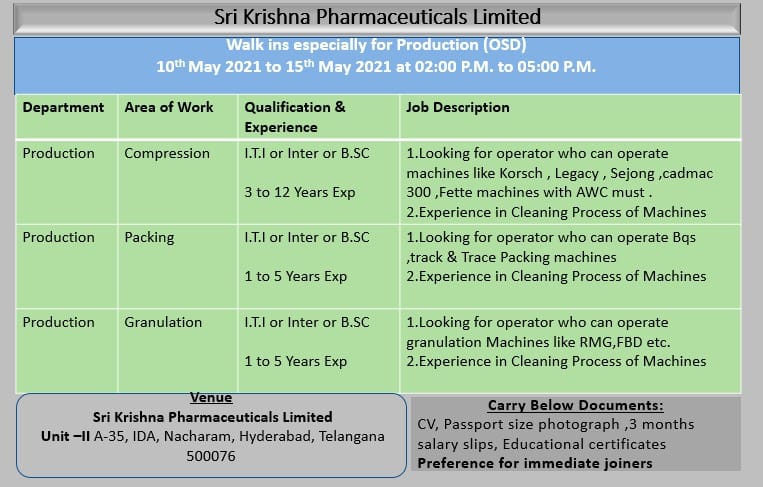 Sri Krishna Pharmaceuticals Limited vacancy-2021