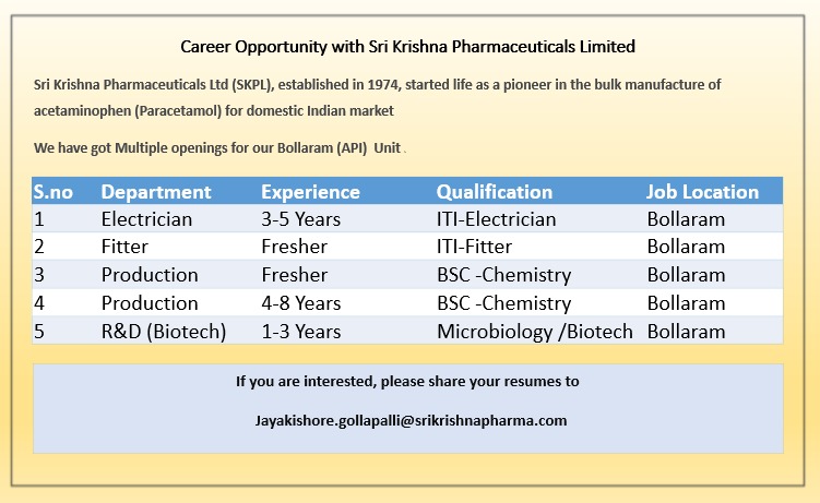 Pharma Jobs In Sri Krishna Pharmaceuticals Limited Production R D Maintenance Department Apply Now Pharma Fresh Job