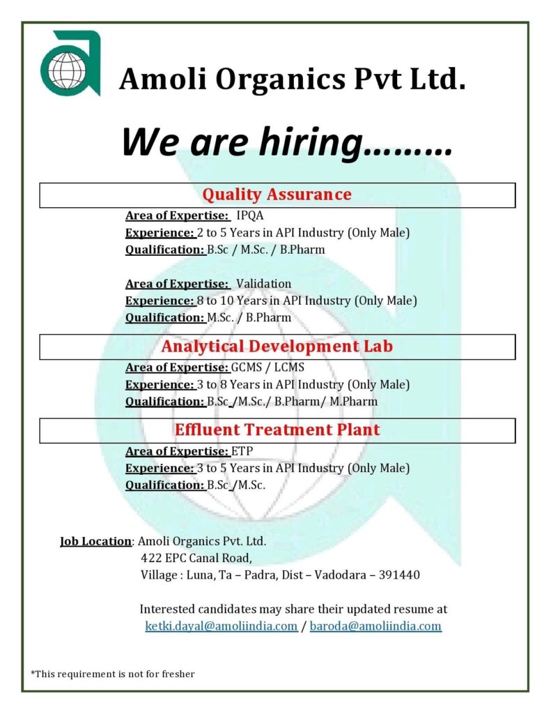 Amoli Organics Pvt Limited Jobs-2021