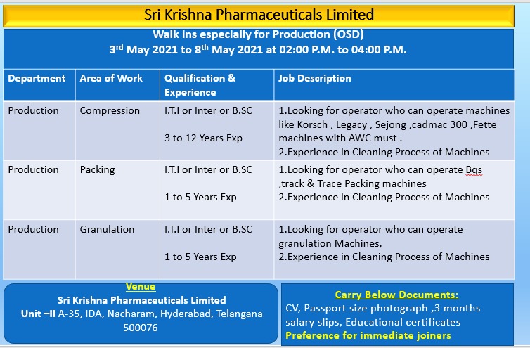 SRI KRISHNA PHARMA JOBS-2021