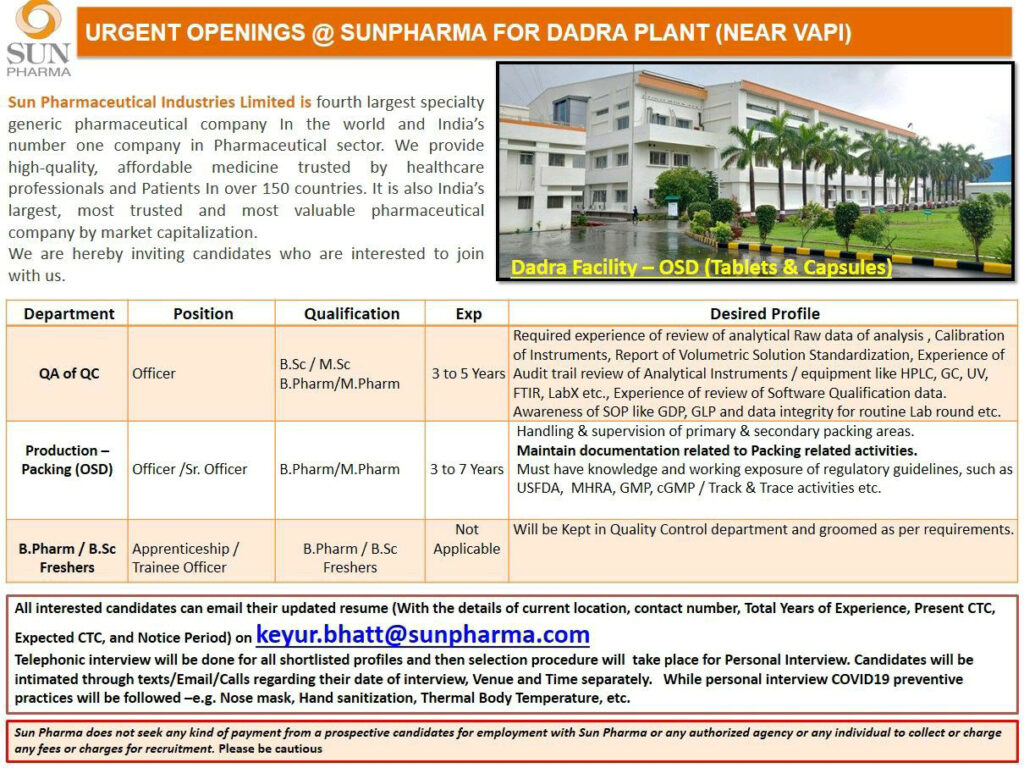 Sun Pharmaceutical Ltd Jobs-2021