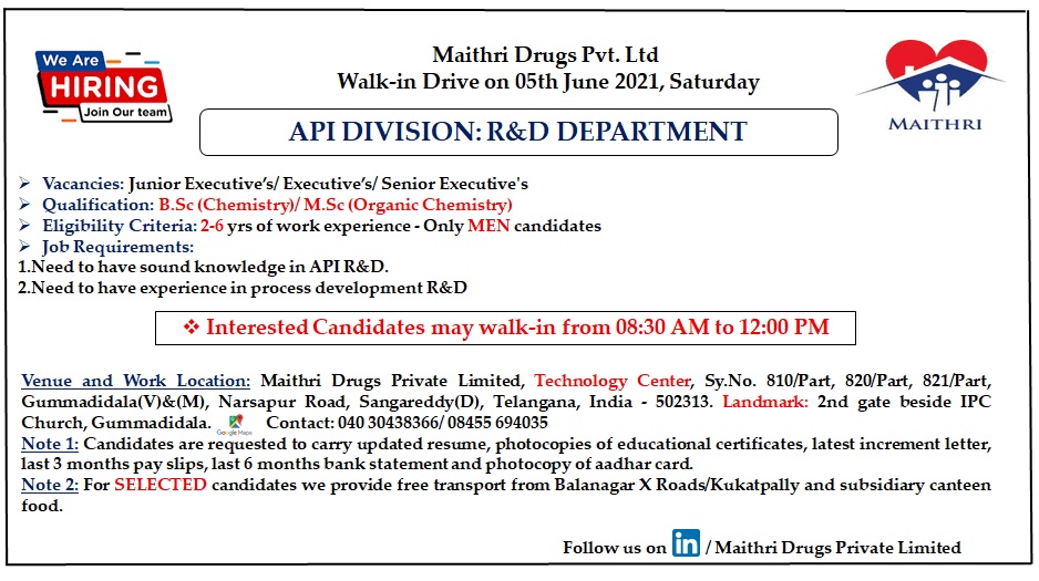 Maithri Drugs Pvt. Ltd Jobs-2021