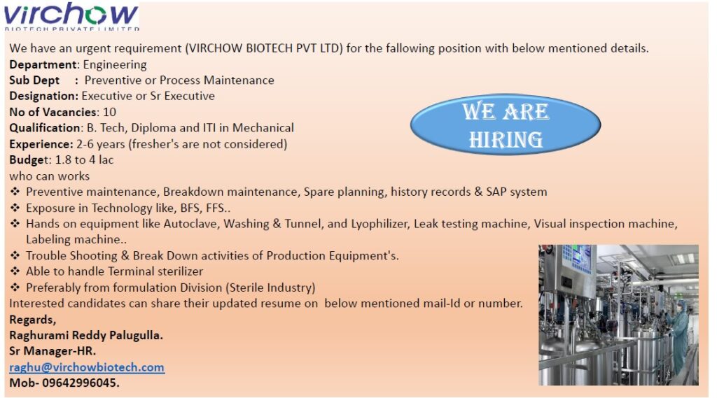 Virchow Biotech Pvt. Ltd Jobs-2021